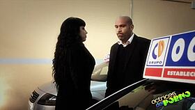 lara and the car salesman in a mini adventure.