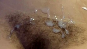I'm overwhelmed as my husband's friends fill my hairy pussy with huge cumshots!