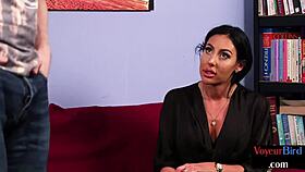 Hey, check out this voyeur cfnm amateur milf seducing a wanker who wanks on her in heels stockings femdom seduction