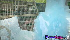 ebony babe julie kay sunbathing naked by the pool, posing with big tits