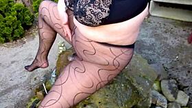 Man, check out hot-pussy66 in black pantyhose outdoor action