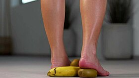 Petite girl crushes fruits with high heels hot footfetish