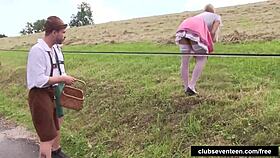 Pigtailed teen 18+ takes on two guys for outdoor hardcore action.