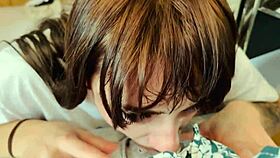 Intense deepthroat leads to cum eating