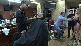 Blonde Gets Anal Fucked in Bizarre Barbershop Public Scene