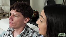 Stepbrother pulls out big cock for stepsister to gag on sofa 😏