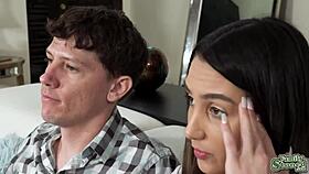 Stepbrother pulls out big cock for stepsister to gag on sofa 😏