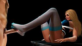 Hot blonde delivers footjob in long socks