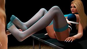 Hot blonde delivers footjob in long socks