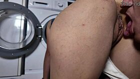 Stepmom stuck in the washing machine, with juicy ass and shaved pussy, gets homemade cunilingus