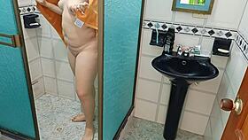 Hidden camera in bathroom catches Latina undressing. I jerk off then accidentally bang her!