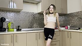 Stepsister gets rough anal fucking in the kitchen by her brother's lucky friend.