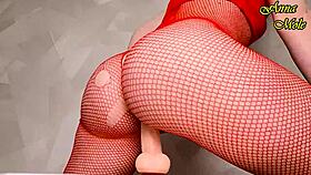 Hot milf in red fishnets rides dildo long