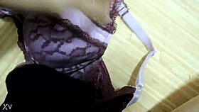 Cumshot on my step sister's pink leopard print bra with black lingerie