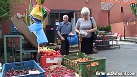 teen babe bent over by old man in wild woods