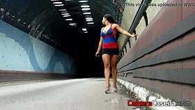 hot girl shows off in tunnel