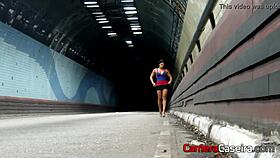 hot girl shows off in tunnel