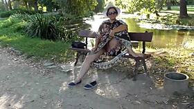 Hairy mature woman flashing her pussy in the park! So exhibitionist 😏