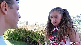 Petite cheerleader teen Elena Koshka tricked her older coach into a quick fuck at home