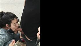 i watch this hot brunette sucking cock in public outdoor flashing