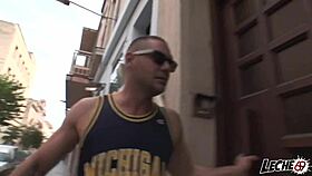 Street horny guy eagerly sucks Nacho Vidal's big cock on the sidewalk