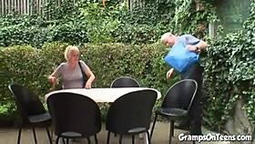 teen babe bent over by old man in wild woods