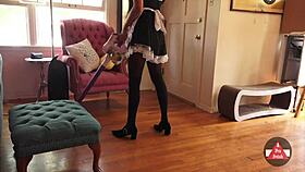 French Maid Vacuums House In Sexy Stockings And Cosplay Skirt For Hot Action!