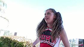 Petite cheerleader teen Elena Koshka tricked her older coach into a quick fuck at home