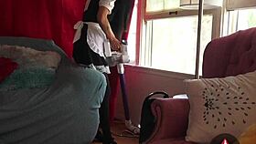 French Maid Vacuums House In Sexy Stockings And Cosplay Skirt For Hot Action!