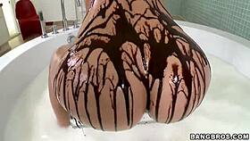 blonde with big ass covered in chocolate syrup gets licked