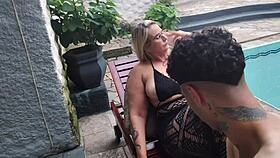 madastra seduces stepson with huge ass by the pool. virgin brother watches sneaky public action!