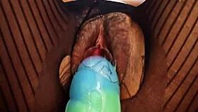 she's riding the bad dragon dildo with her hairy wet pussy in close up