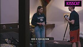 busty maid’s first day naked, cock washing, blowjob, and surprise creampie sex 😲