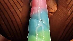 she's riding the bad dragon dildo with her hairy wet pussy in close up