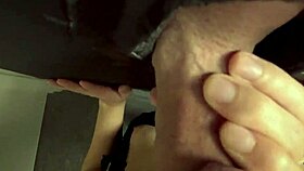 Skinny petite slut fingers huge cock at gloryhole