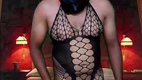 trying on a full body stocking from naked with blue masquerade in a collared room