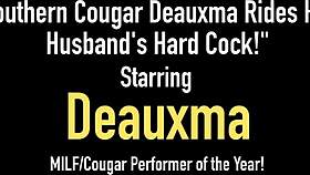 Busty cougar Deauxma rides her husband's stiff dick hard.