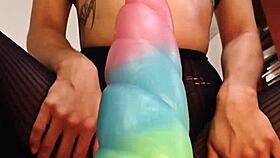 she's riding the bad dragon dildo with her hairy wet pussy in close up