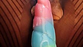 she's riding the bad dragon dildo with her hairy wet pussy in close up