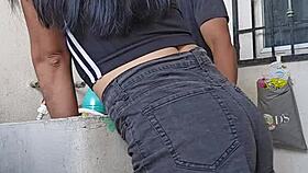 The latina milf gets fucked while washing clothes.