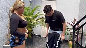 Nerd boy convinces milf neighbor for outdoor fuck and cum in mouths