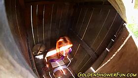 Redhead in threesome blowjob with golden shower and cumshot spray.