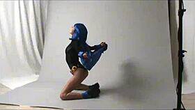 Amateur cosplay raven in public outdoor setting