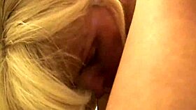 blonde mature woman teases with blowjob and cumshot in public mall restroom?