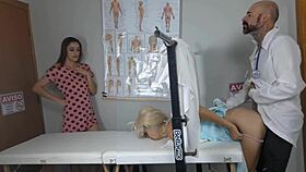 I see these two naughty girls in uniforms letting the gynecologist play with their pussies.