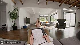 In vr bangers, the horny blonde nymph performs deepthroat on the sexologist's huge cock in a group missionary scene on the desk, part 2