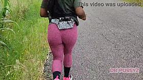 Ebony Prostitute With Big Ass In Leggings Runs Alone In The Forest.