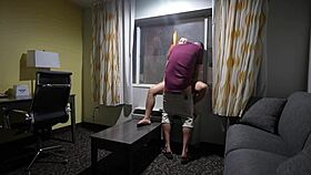 Pregnant blonde has sex at hotel with doors open.