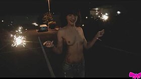 honey gold and dakota marr go topless outdoors with sparklers, teasing neighbors