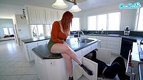 Big tits redhead housewife bends over for plumber's muff diving and rough fucking